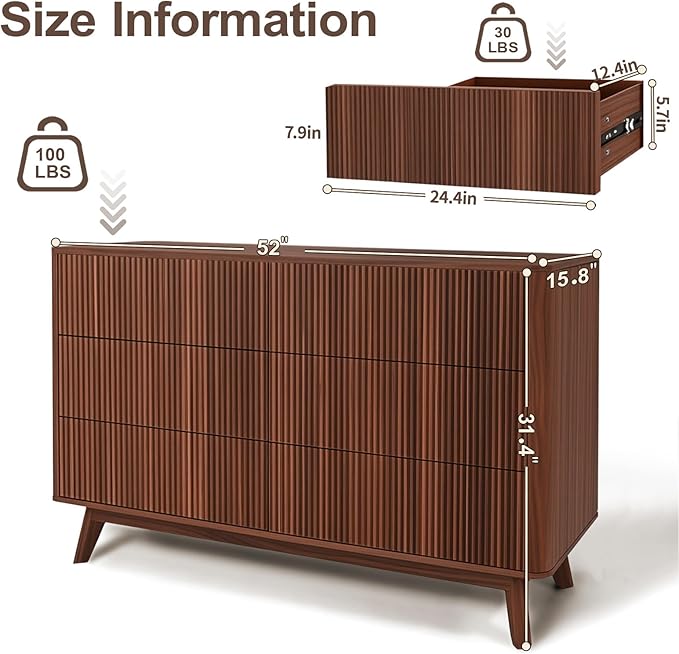 Fluted 6 Drawers Dresser for Bedroom,52" Wide Handleless Chest of Drawers with Faux Marble Top, Wooden Dresser TV Stand, Wood Drawer Organizer for Living Room, Hallway, Walnut