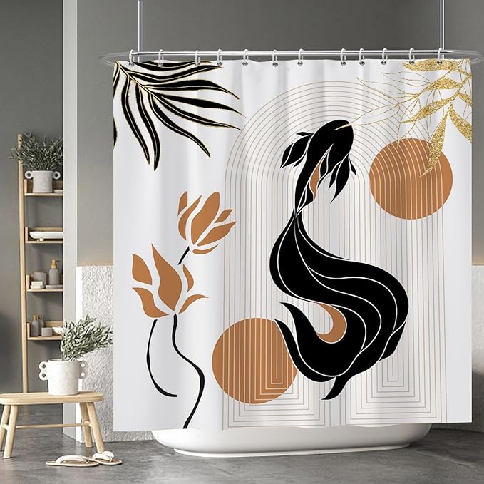 Baocicoo Bohemia Abstract Goldfish Shower Curtain Leaves Lotus Shower Curtain for Bathroom Art Home Hotel Hostel Bathtub Cubicle Decor Waterproof Curtain for Bathroom with Hooks 72x72 Inches