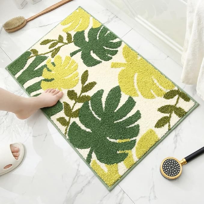 Hi Space Bathroom Rugs 31.5x19.7IN Blue Leaves Bath Mat for Bathroom Non Slip Machine Washable Soft Microfiber Absorbent Cute Bath Rug Plush for Tub Shower Sink Fluffy Home Decor Accessories
