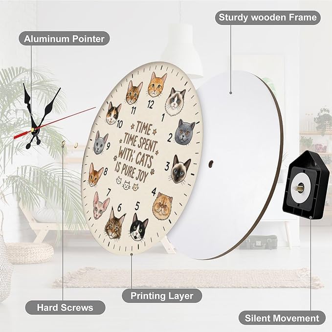 Cute Cat Faces Wooden Wall Clock Silent Non Ticking | Pet Lover Home Decor for Kitchen Bedroom Office Gift, Battery Operated 10/12 inch Frameless Round