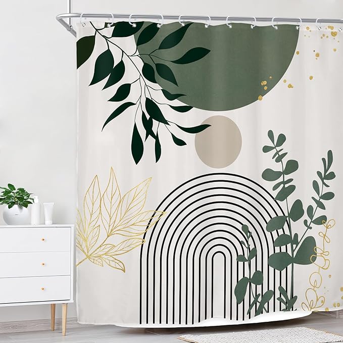 Riyidecor Sage Green Mid Century Modern Shower Curtain for Bathroom Decor 72Wx72H Boho Abstract Gold Leaves Minimalist Geometric Arch Sun Art Printed Fabric Polyester Waterproof 12 Pack Plastic Hooks