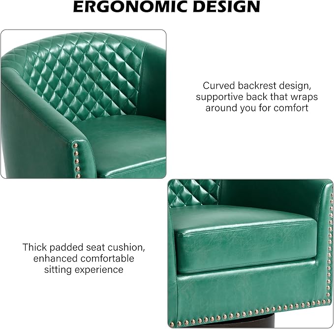 Swivel Barrel Accent Chair, Comfy Modern Upholstered Round Faux Leather Arm Chair for Living Room, Bedroom（Green, Set of 1