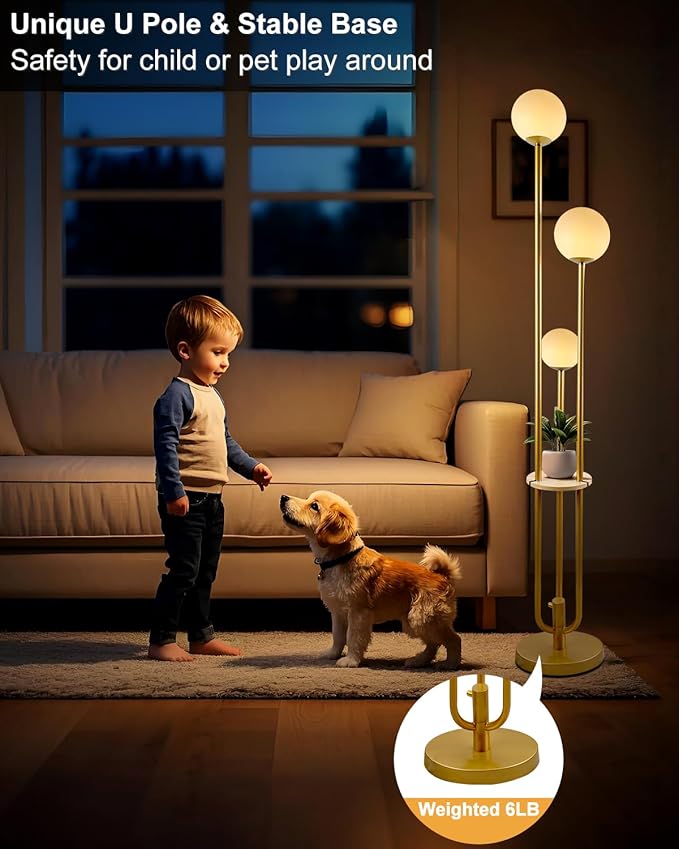 Lightdot LED Floor Lamp Dimmable Gold Globe Floor Lamps with Shelf& Bulb Included Mid Century Modern Standing Lamp for Bedroom Living Room/Sofa Beside/Corner Decor -Candle Holder Style Soft Eye-Caring