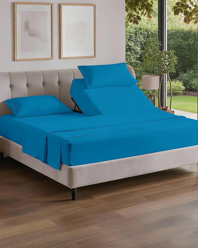 Flex Top Split Head King 4 Piece Sheet Set - Ultra-Soft, Breathable & Cooling Bed Sheets Set - Hotel Luxury Bedding for Women & Men with Deep Pockets - Wrinkle and Fade Free - Oeko-Tex - Denim Blue
