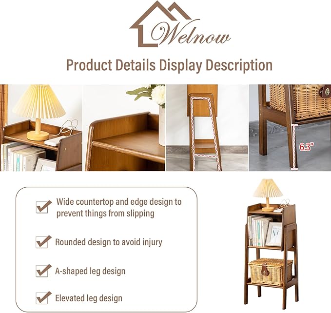 Welnow Bamboo Bookcase with Cabinet, Natural End Table with 1-Tier Storage Shelf, Modern Bedside Organizer Side Table for Bedroom or Living Room, Walnut Bookshelf with Open Space
