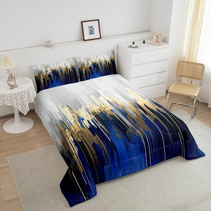 Abstract Art Bedding Twin Navy Gold Grey Comforter Set, Stripe Bedding Comforter Sets Golden Metallic Sequins Duvet Insert, Dark Blue Tie Dye Down Comforter Luxurious Modern Bedroom Decor