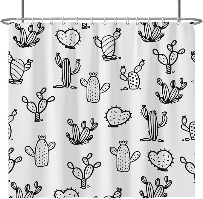 Baocicoo Cartoon Cactus Shower Curtain Tropical Plants Mexican Texas Minimalism Black and White Decorative Artistical Shower Curtains for Home Bathtubs Bath Waterproof Fabric with Hooks 84x72 Inches