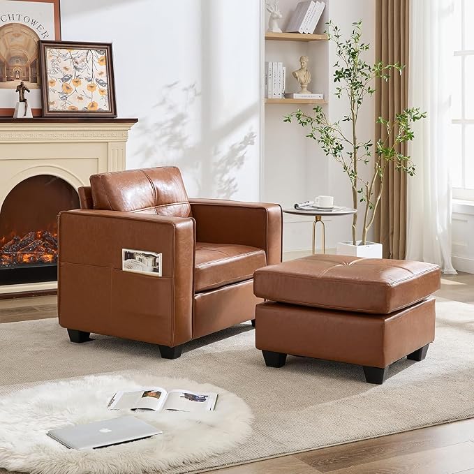 TYBOATLE Oversized Accent Chair with Ottoman, Wide Chaise Lounge Chair Indoor, Mid-Century Modern Armchair with Pockets, Leather Comfy Chairs for Bedroom, Living Room, Office