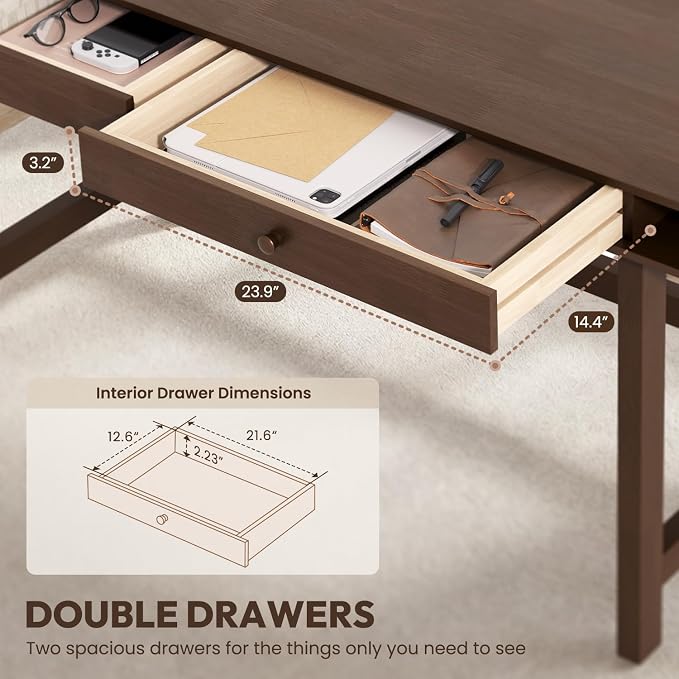 Double-Top Solid Wood Desk - 60-Inch Mid-Century Modern Writing Table with Drawers for Home Office, Study, and Creation, Rubberwood Computer Desk in Black Walnut
