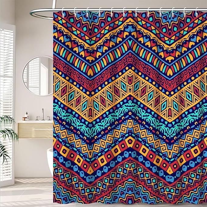 Mid Century Bohemian Shower Curtain for Bathroom Colorful Ethnic Geometric Design Shower Curtains Retro Abstract Aesthetic Bathroom Decor Set Washable Waterproof Polyester Fabric with Hooks 60x72 Inch