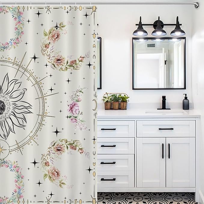 Moon Phase Flowers Shower Curtain Celestial Wildflower Plant Floral Boho Stars Vintage Flowers Art Waterproof Shower Curtains for Bathroom Decor 12 Pack Hooks 72x72in (183x183cm)