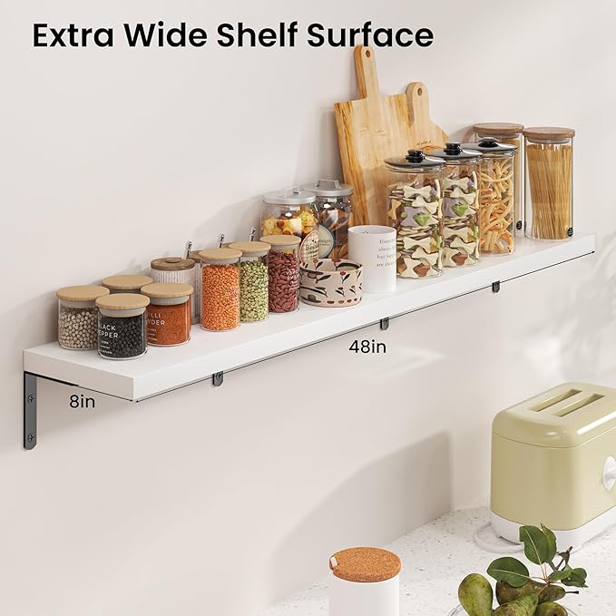 Marsmiles Extra Wide Floating Shelves for Wall, 48x8 Inch Natural Wood Grain Bookshelves, Heavy Duty Mounted Shelving for Bathroom, Kitchen, Living Room, Bedroom,Set of 2，White