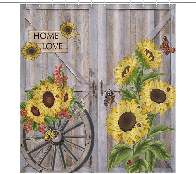 Rustic Sunflowers Butterfly Shower Curtain, Wooden Board Western Barn Door Farmhouse Vintage Daisy Floral Botanical Waterproof Shower Curtains for Bathroom Decor 12 Pack Hooks 66x72in（168x183cm）