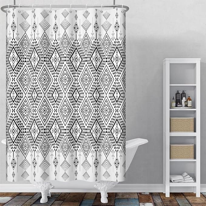 Bohemian Shower Curtain for Bathroom Black and White Geometric Pattern Shower Curtains Modern Abstract Minimalist Bathroom Decor Set Washable Waterproof Polyester Fabric with Hooks 48x72 Inch
