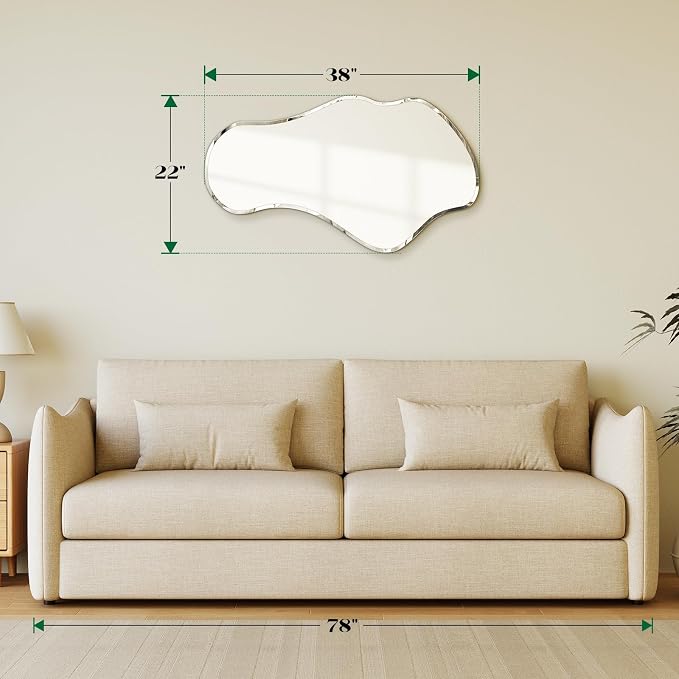 Irregular Wall Mirror, 22”x38” Asymmetrical Wall Mirror, Frameless Asymmetrical Mirrors for Bathroom Entry Way Bedroom Living Room