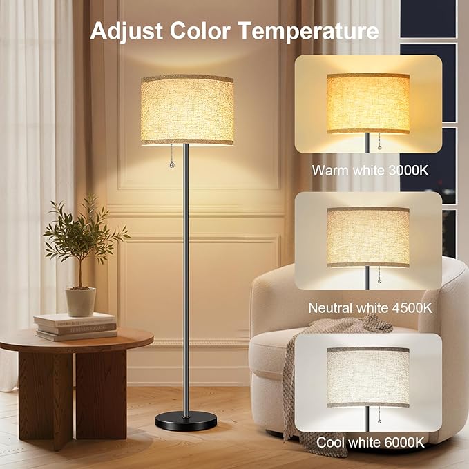 Floor Lamp, Floor Lamps for Living Room 3 Color Temperature Standing Lamp with Pull Chain Switch, Black Floor Lamp with Lampshade, Modern Tall Light for Bedroom Office(9W Bulb Included)