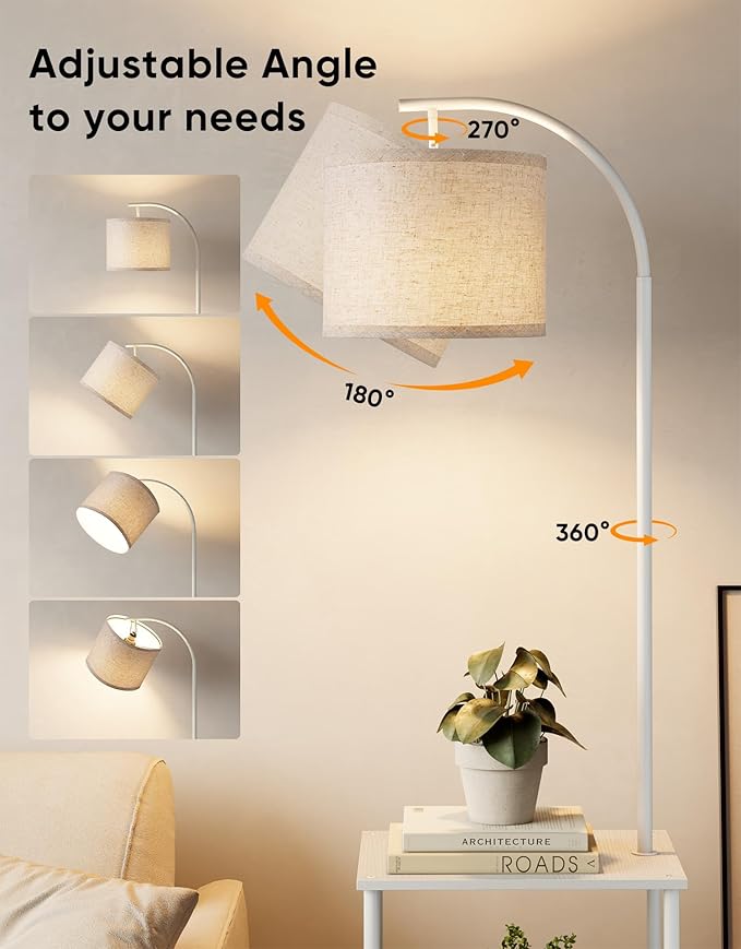 PARTPHONER Floor Lamp with Table, Night Stand with Lamp, Narrow Side Table with 3CCT LED Bulb, Small Coffee Table, Modern End Table with Storage Shelves for Living Room Bedroom Home Décor, White