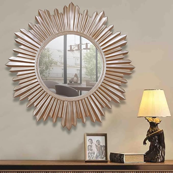 Armanda Collection Sunburst Round Wall Mirror Handmade Resin Frame Decorative Home Accent (Taupe, 47x47 cm)