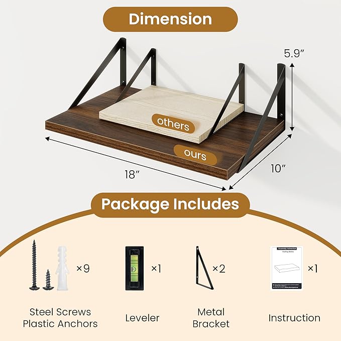 Floating Shelves for Wall,18" Wall Mounted Shelves Set of 2,Wood Floating Shelf with Bracket,Sturdy Metal Bracket Bookshelves Home Decor Storage for Living Room,Bedroom,Bathroom,Kitchen,Walnut