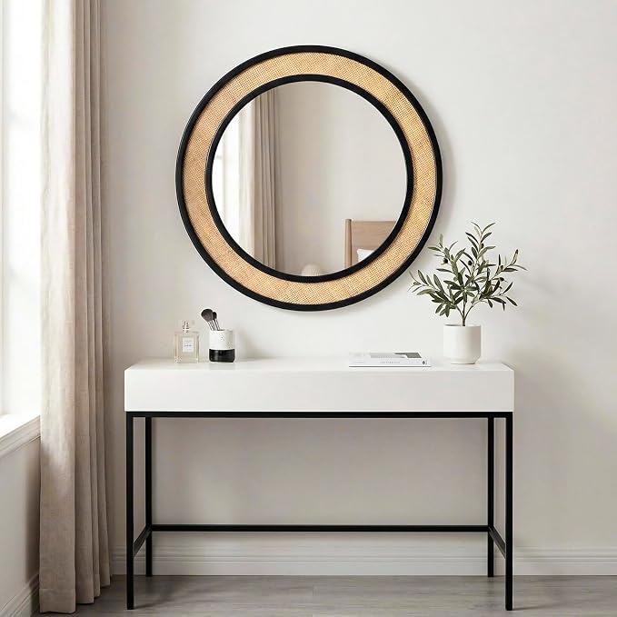Round Rattan Mirror, 30" Circle Wall Mirror, Farmhouse Wooden Vanity Mirror with Handmade Wicker Frame, Decorative Boho Mirror for Nursery Bedroom Living Room Entryway Black