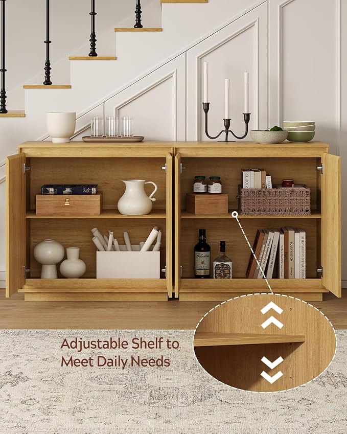 3pcs Sideboard Cabinet Buffet Cabinet with Storage with Adjustable Shelves and Handle-Free Design Suitable for Kitchens,Hallway,and Living Rooms Natural Oak
