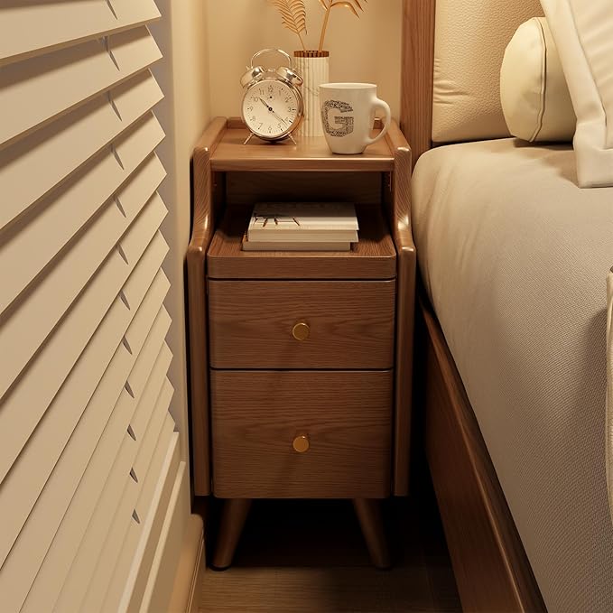AQIMUELE Small Nightstand with Drawers, Solid Wood Bedside Table, Narrow Walnut Nightstand for Bedroom