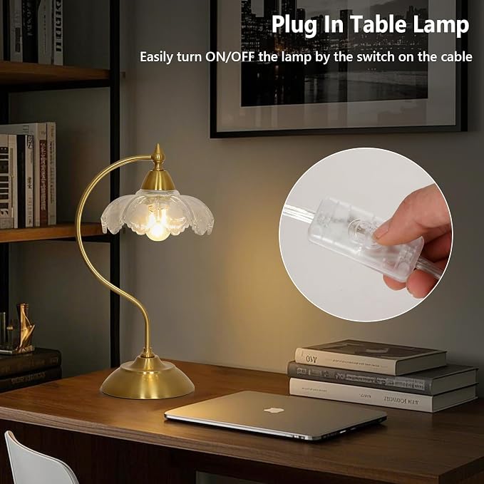 Glass Desk Lamp, Gold Table Lamps for Living Room, Brass Side Table Lamp with Clear Flower Shade, Desk Lamps for Home Office, Mid Century Modern Nightstand Lamp, Vintage Beside Lamp for Bedroom Decor