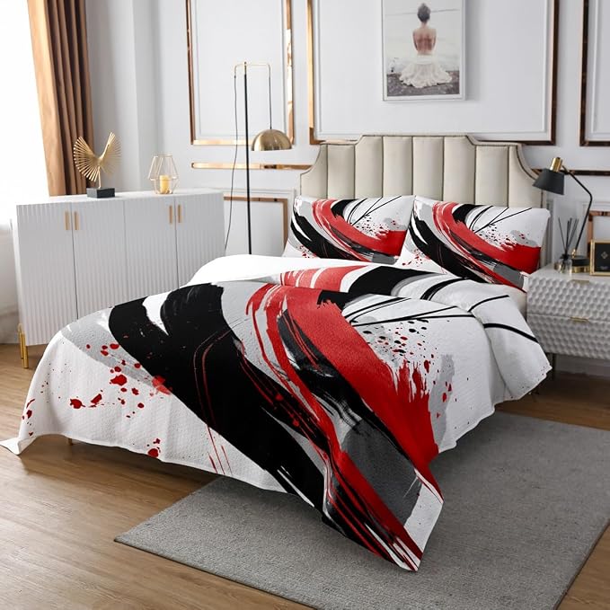 Erosebridal Black and Red Coverlet Set Queen | Modern Geometric Striped Quilt Set for Boys Girls Contemporary Watercolor Graffiti Bedspread Sets Boho Minimalist Aesthetic Art Quilts 3 Pieces