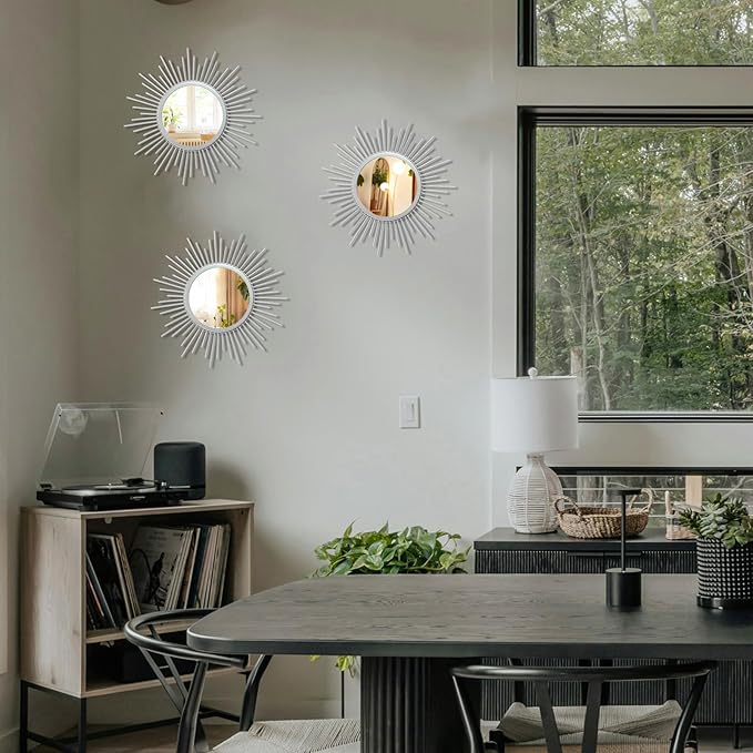Cityelf 3 Set Sunburst Mirrors for Wall Decorative Metal Mirrors Small Mirror Sets Decor Hanging Mirror Wall Sculpture for Bedroom Living Room Entryway
