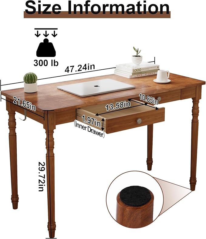 47 x 22 Inch Wooden Desk with Drawers -Simple Mid Century Modern Desk with 2 Hooks, Solid Rubber Wood Study Table for Living Room, Bedroom & Home Office, Walnut Color