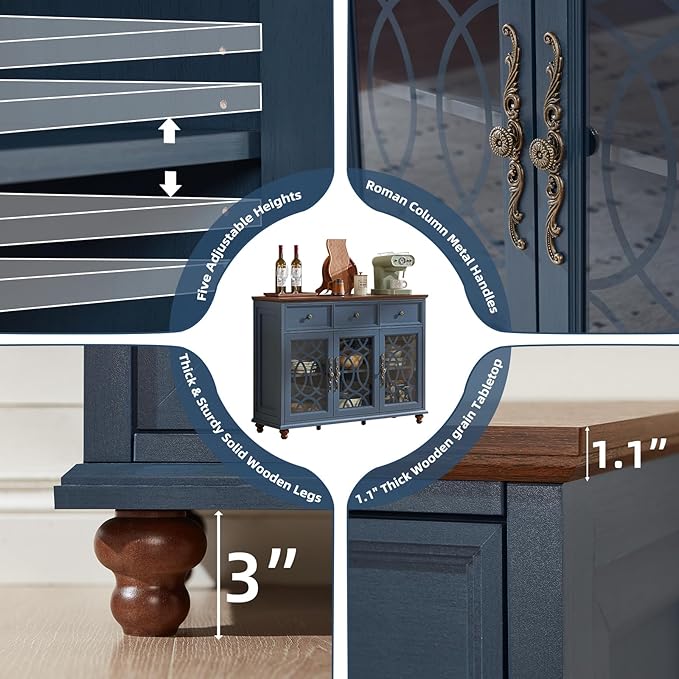 Farmhouse Sideboard Buffet Cabinet Set of 2 with Storage,48" Large Credenza with 3 Glass Doors & 3 Drawers,Adjustable Shelves Console Table,Wood Kitchen Coffee Bar for Dining Room,Navy Blue