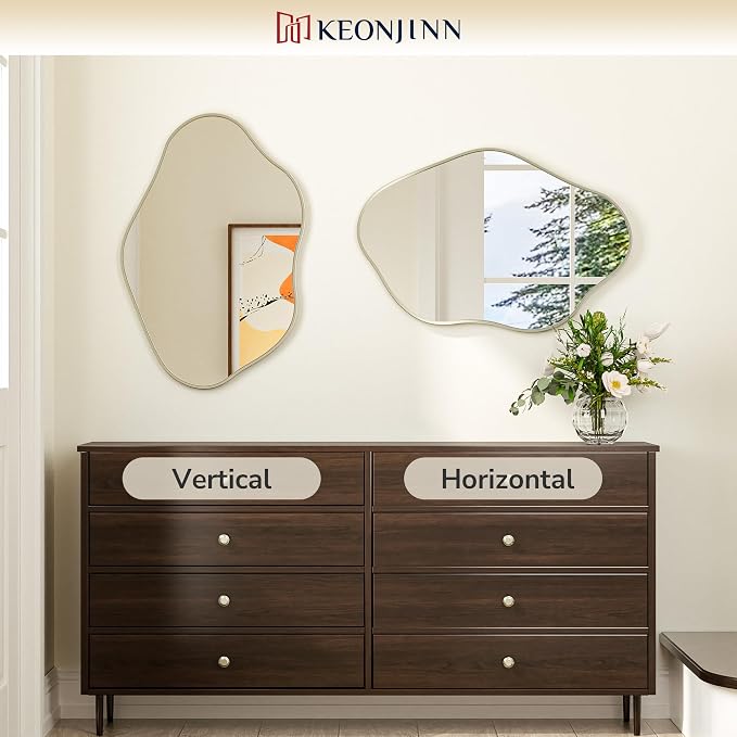 Keonjinn Nickel Irregular Mirrors for Wall 24" x 36" Inch, Asymmetrical Metal Frame, Tempered Glass Decorative Mirror for Bathroom, Bedroom, Living Room, Entryway(Horizontal/Vertical)