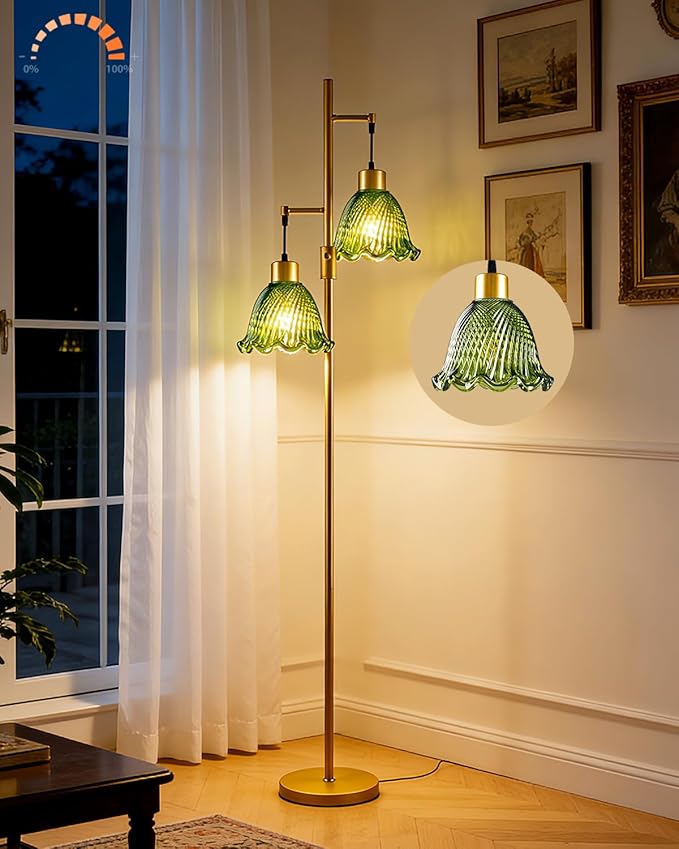 2-Light Modern Glass Floor Lamp, Gold Tall Standing Lamp with Green Bell Glass Shade for Reading, Dimmable LED Floor Lamp with 5Lbs Heavy Base for Living Room Bedroom Home Decor, Bulb Included