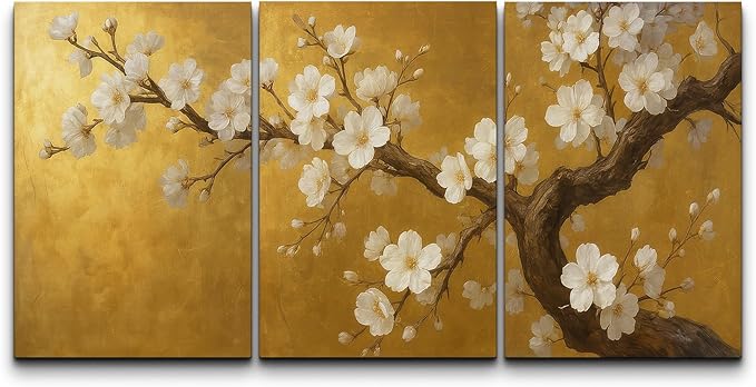 wall26 Canvas Print Wall Art Set Golden Cherry Blossom Tree Elegant Floral Illustrations Fine Art Decorative Botanical Rustic for Living Room, Bedroom, Office - 24"x36" x 3