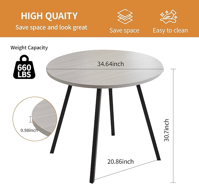 34.6" Round Dining Table for 2-4, Mid-Century Modern Small Kitchen Table with Woodgrain Top & Black Metal Legs, Space-Saving Table for Apartment, Breakfast Nook, Small Spaces - Light Gray
