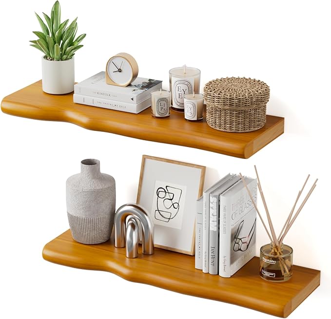 Floating Shelves for Wall Rustic Farmhouse 24 Inch Floating Shelf Wooden Shelves for Wall Mounted Live Edge Pine Shelf with Unique Natural Grain for Living Room Bedroom Kitchen (Honey Walnut)