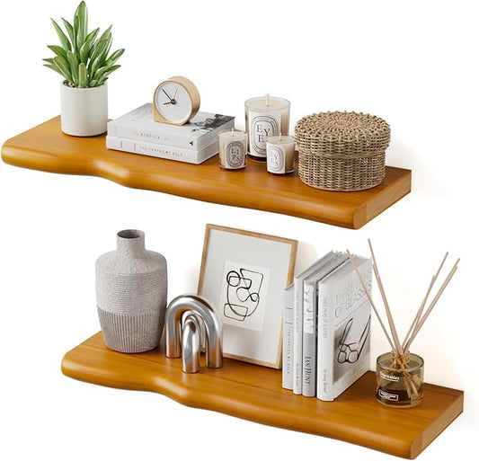 Floating Shelves for Wall Rustic Farmhouse 24 Inch Floating Shelf Wooden Shelves for Wall Mounted Live Edge Pine Shelf with Unique Natural Grain for Living Room Bedroom Kitchen (Honey Walnut)