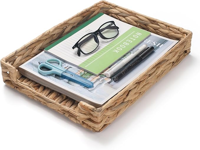 Water Hyacinth Letter Tray, Wicker Desk Tray, Woven Desk Organizer, A4 Paper, Document, File, Mail, Magazine Storage Basket for Office, Classroom, Home Desktop