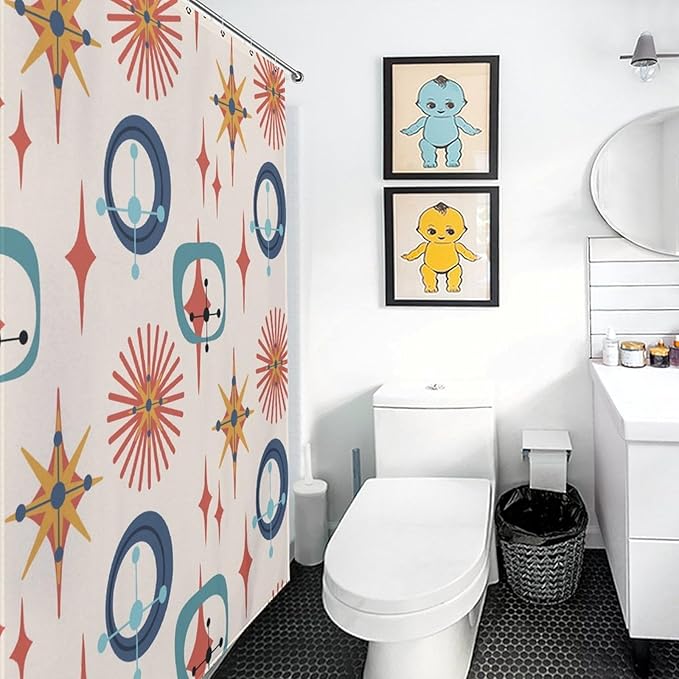 Retro 50s Shower Curtain Mid Century Modern Geometric Stars Colors Pattern Duty Fabric Shower Curtains Set Bathroom Polyester Waterproof with 12 Hooks, 66x72Inch（168x183cm）