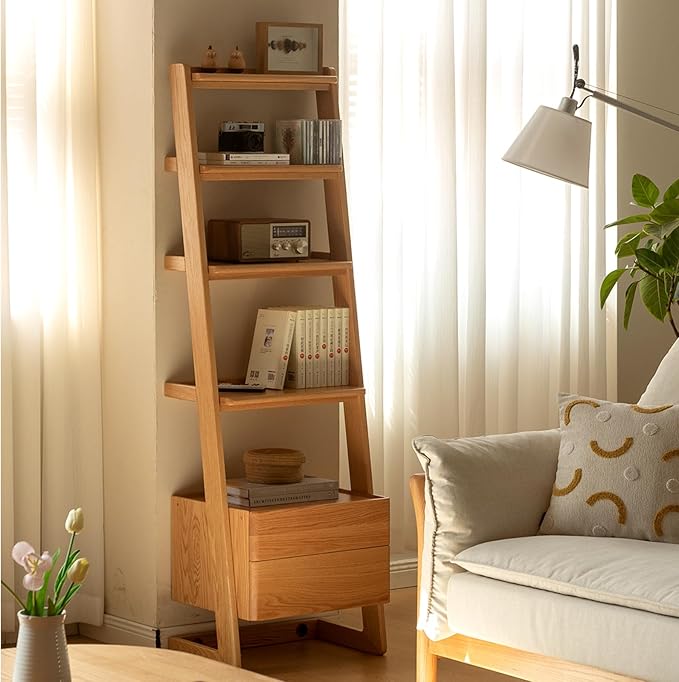 100% Solid Wood 5 Tier Ladder Shelf, Tall Narrow Bookshelf with Storage, 63.78" Tall Bookcase with Drawers, Display Shelf Unit for Living Room Bedroom