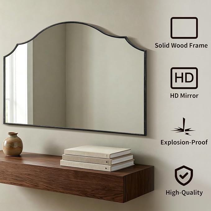 Besdomus Oversized Scalloped Black Mirror: 54"x34" Modern Minimalist Wood Frame Wall Mirror - Classical Fireplace Arched Mirrors for Bathroom/Dresser/Entryway/Living Room - Home Decor for Women
