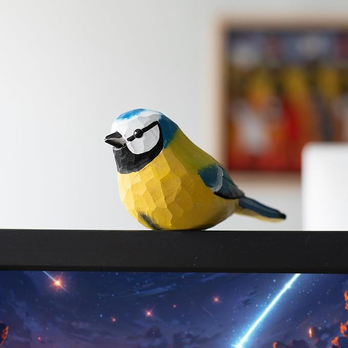Handmade Eurasian Blue Tit Bird Figurine, Wooden Eurasian Blue Tit Carving, Unique Small Bird Statue for Home Décor or Collectible Gift
