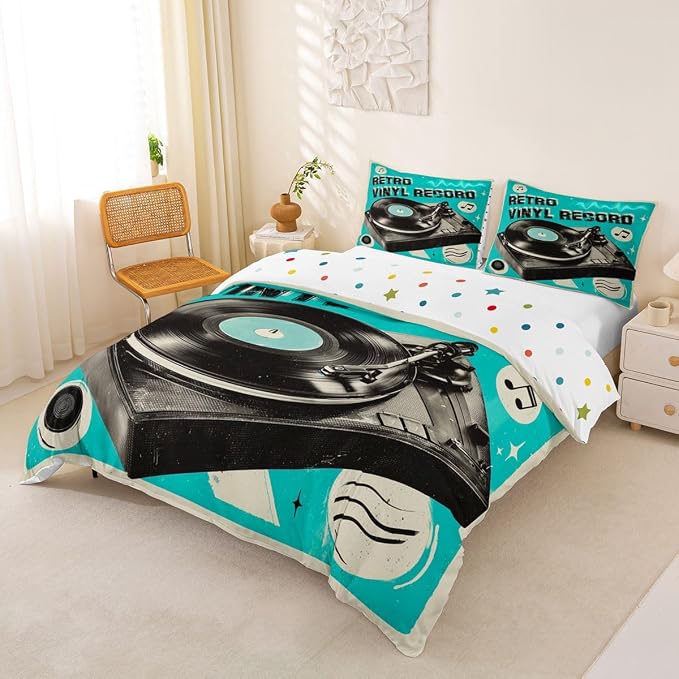 Erosebridal Retro Music Duvet Cover Full for Boys Men - Retro Vinyl Record Bedding Set Vintage Nostalgic Music Comforter Cover,Rustic Musical Notes Bed Set