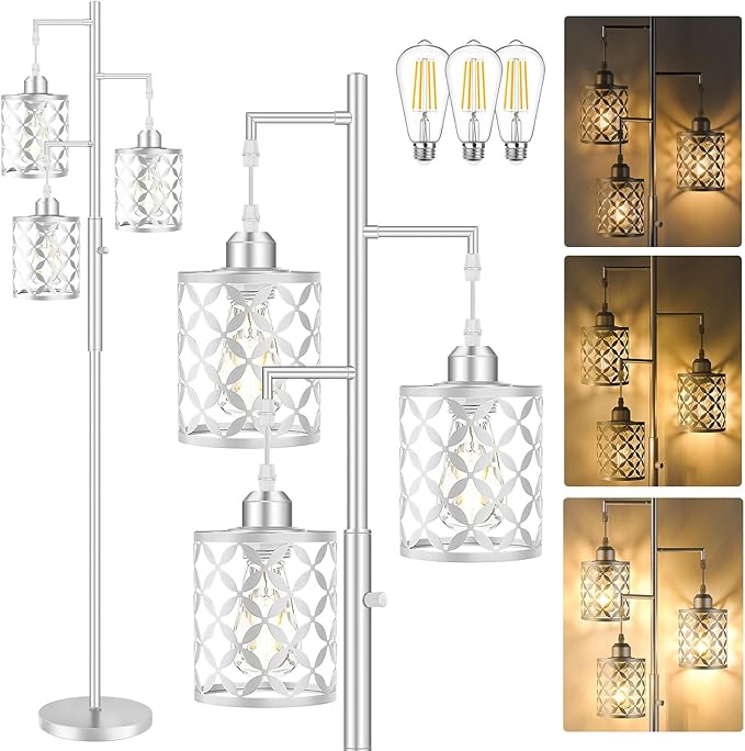 Dimmable Floor Lamp, Farmhouse Standing Lamp with Elegant Metal Cage, Industrial Tall Tree Floor Lamps for Living Room, Bedroom, Study Room, Office, 3 x 800LM LED Bulbs Included, 72",Silver