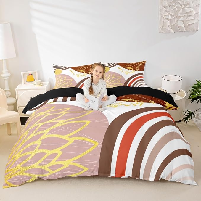 Erosebridal Mid Century Modern Duvet Cover King Size for Kids Teens Adults - Pink Brown Abstract Comforter Cover Boho Minimalist Aesthetic Bedding Set Chic Modern Geometric Bohemian Floral Bed Set