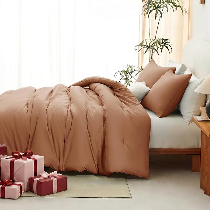 CozyLux Queen Comforter Set Pumpkin, 3 Pieces Lightweight Comforters Queen Size Quilted Bedding Sets, All Season Breathable Solid Down Alternative Comforter with 2 Pillowcases, Bed Set Gift for Home