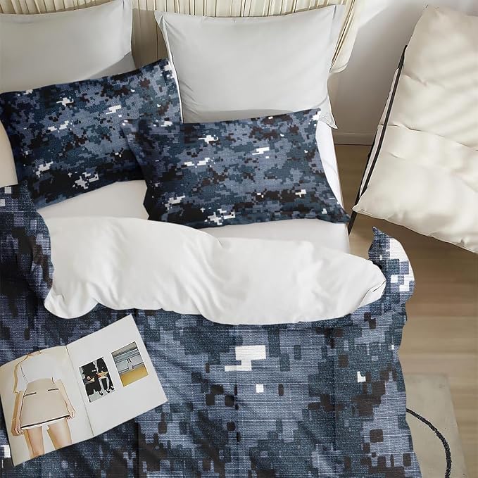 Comforter Set with 2 Pillowcases King Size, Digital Navy Blue Camouflage Camo, Bed Decor Army Military Brown Gray Seal Us for Kids and Adults, Soft Cozy Bedroom Bedding Set