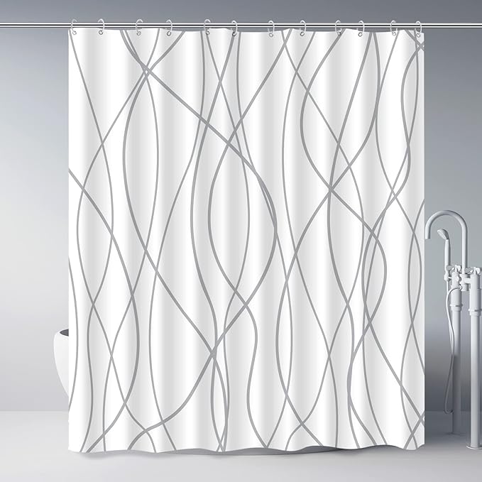Punkray Grey and White Striped Polyester Shower Curtain for Bathroom with Hooks, Curtains 72 Inches Long, Weighted Hem, Waterproof Bath Accessories Hotel Style - Machine Washable