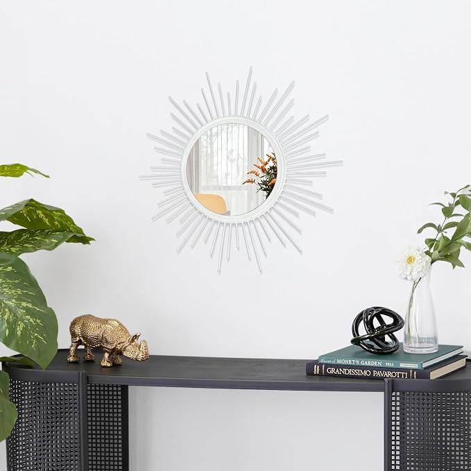 Wall Decor Spoked Sunburst Accent Wall Mirror Round Home Modern Metal Art Mirror for Bathroom Living Room Hallway Bedroom Balcony Farmhouse Entrance White 12"