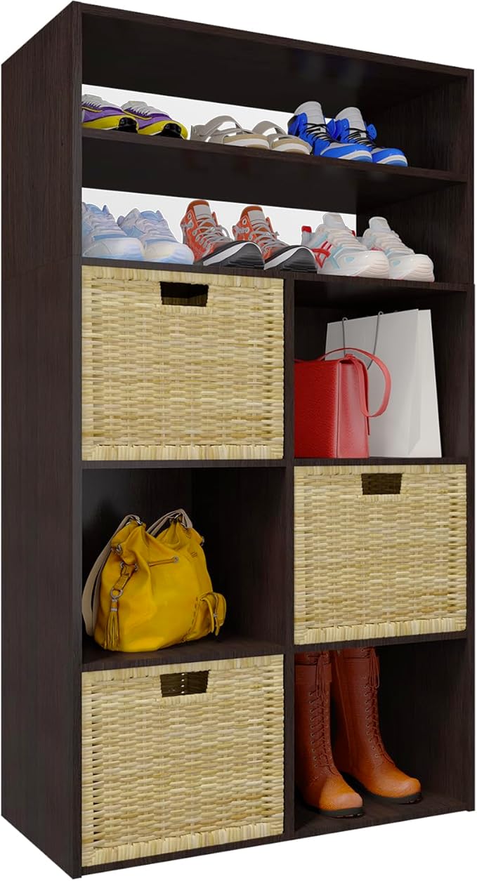 PrimeZone Stackable 6 Cube Storage Organizer: Wood Cubes Shelf Fits Cubby Bins - Square Cubicle Bookshelf with Shoe Rack for Closet Bedroom - Open Storage Shelf for Toy Clothes Book Shoe, Espresso